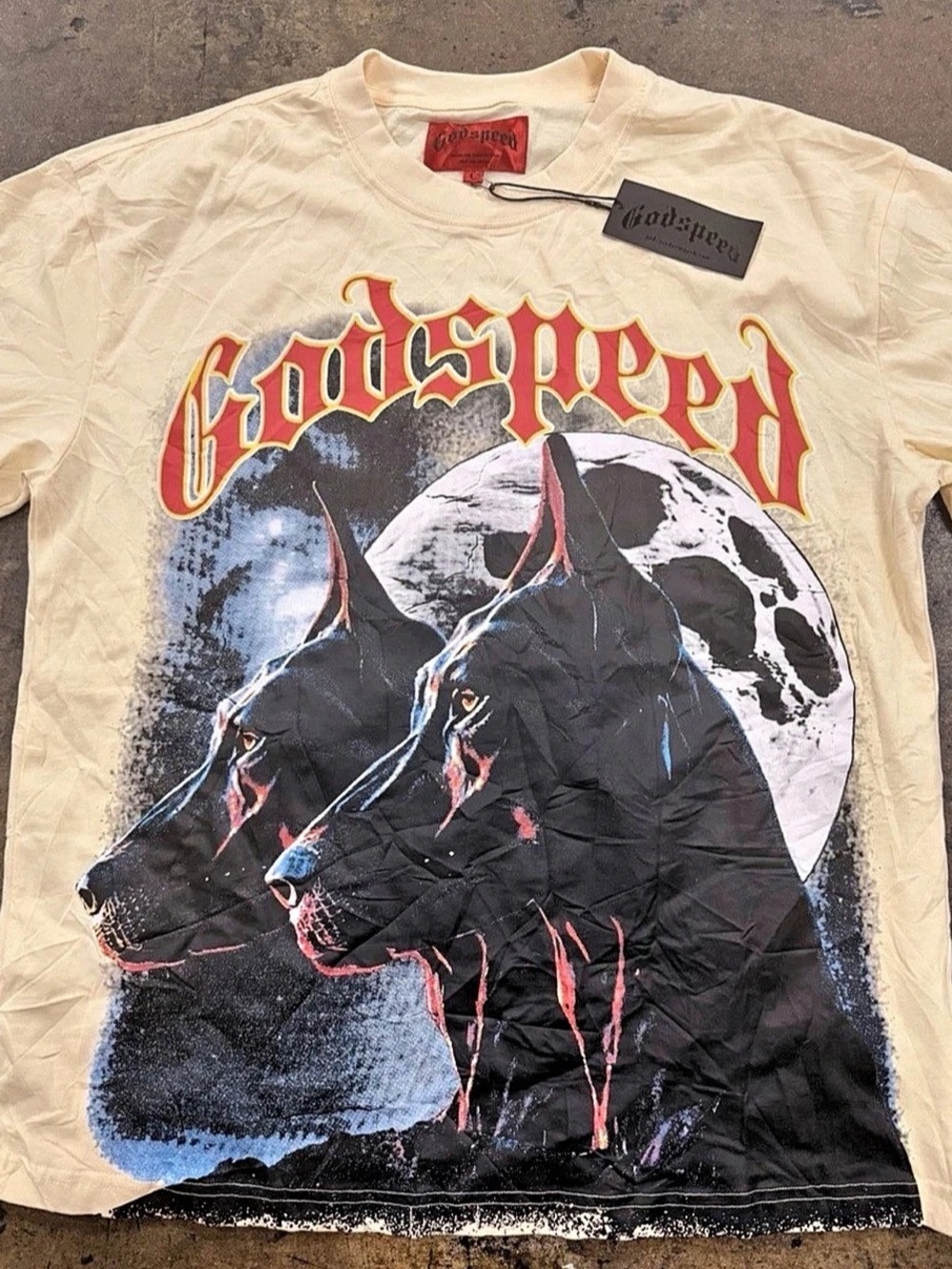 Godspeed Doberman Moon Graphic T-Shirt Cream & Red